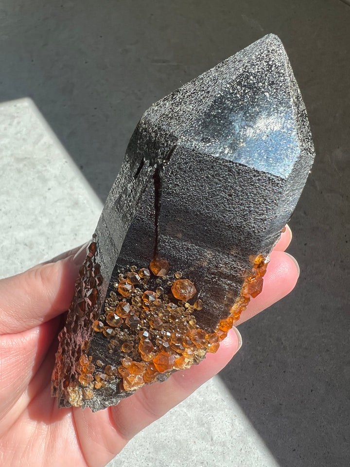 Spessartine Garnet on Smoky Quartz Point | 356g