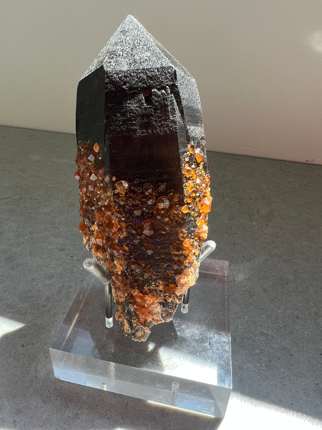 Spessartine Garnet on Smoky Quartz Point | 356g