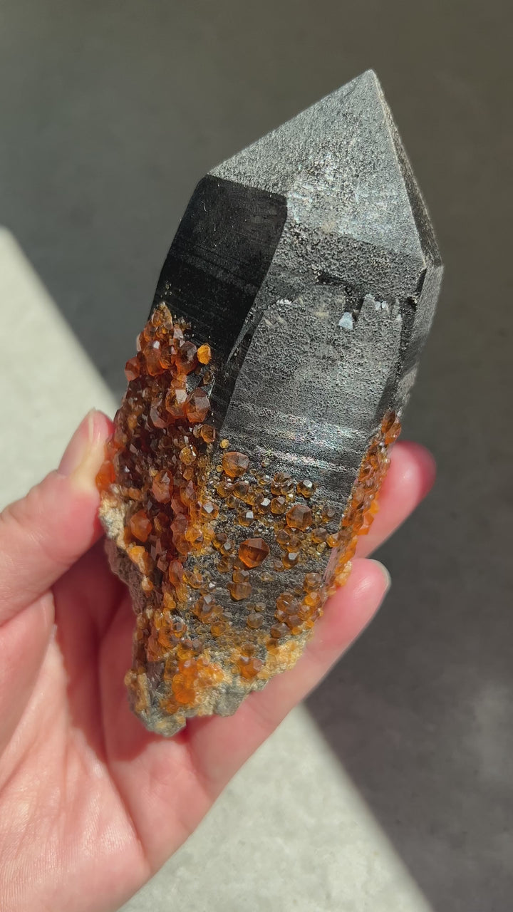 Spessartine Garnet on Smoky Quartz Point | 356g