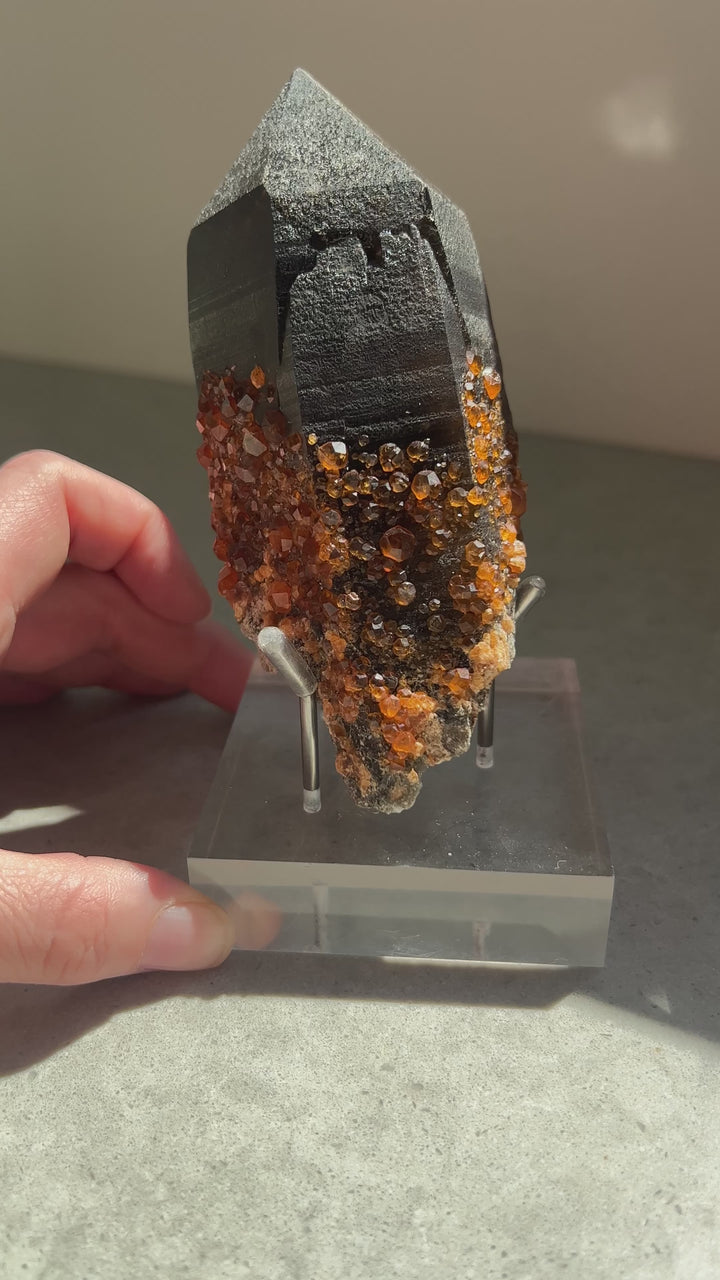 Spessartine Garnet on Smoky Quartz Point | 356g